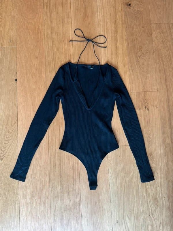 ASOS Design Plunge halter detail ribbed black long sleeve bodysuit