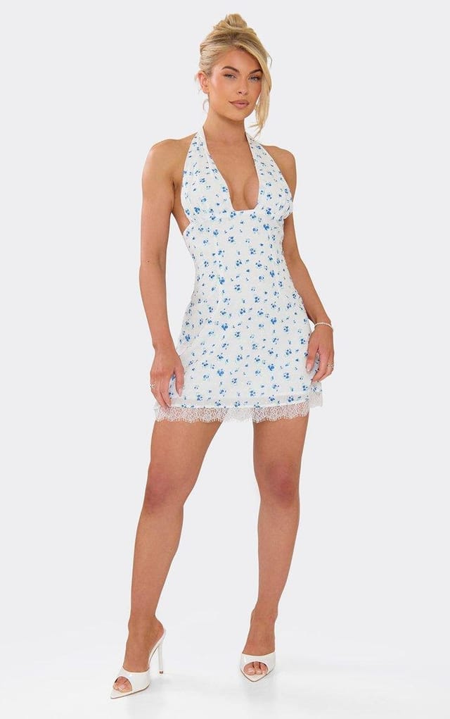 EGO Halterneck Lace Trim Mini Dress In Blue Ditsy Floral Print, Women's Size UK 6 - 2