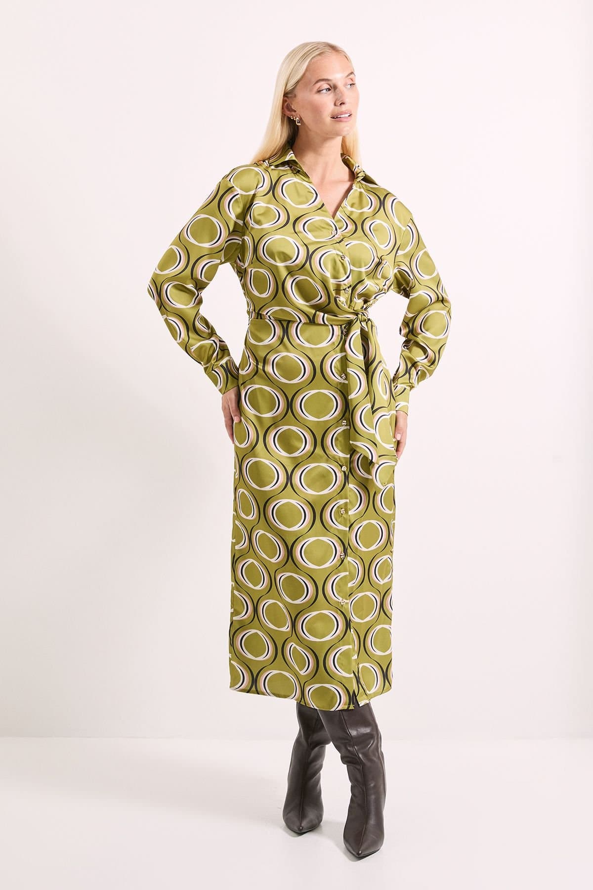 Principles Principles Women's Geo Satin Collar Midi Dress in Olive