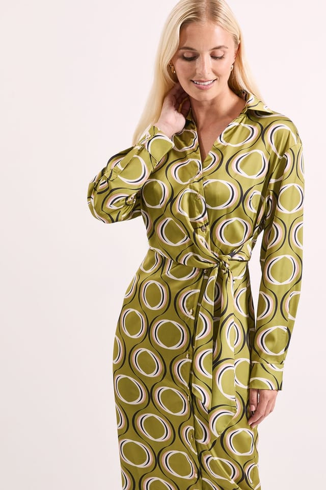 Principles Principles Women's Geo Satin Collar Midi Dress in Olive - 2