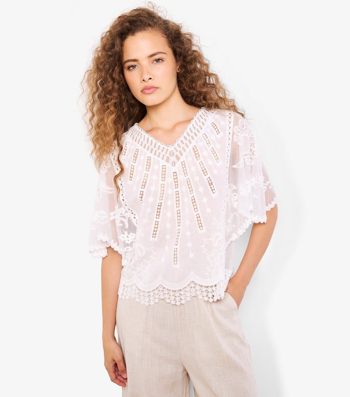 Apricot Apricot White Cotton Embroidered V-Neck Blouse