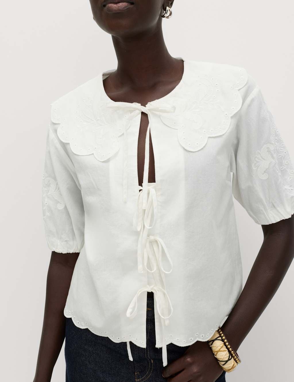 Marks & Spencer M&S Embroidered Collared Blouse in White Mix