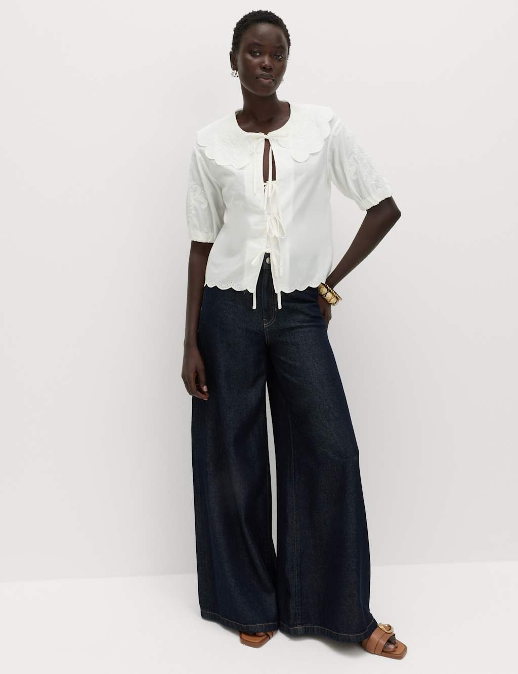 Marks & Spencer M&S Pure Cotton Embroidered Collared Blouse White Mix - 2