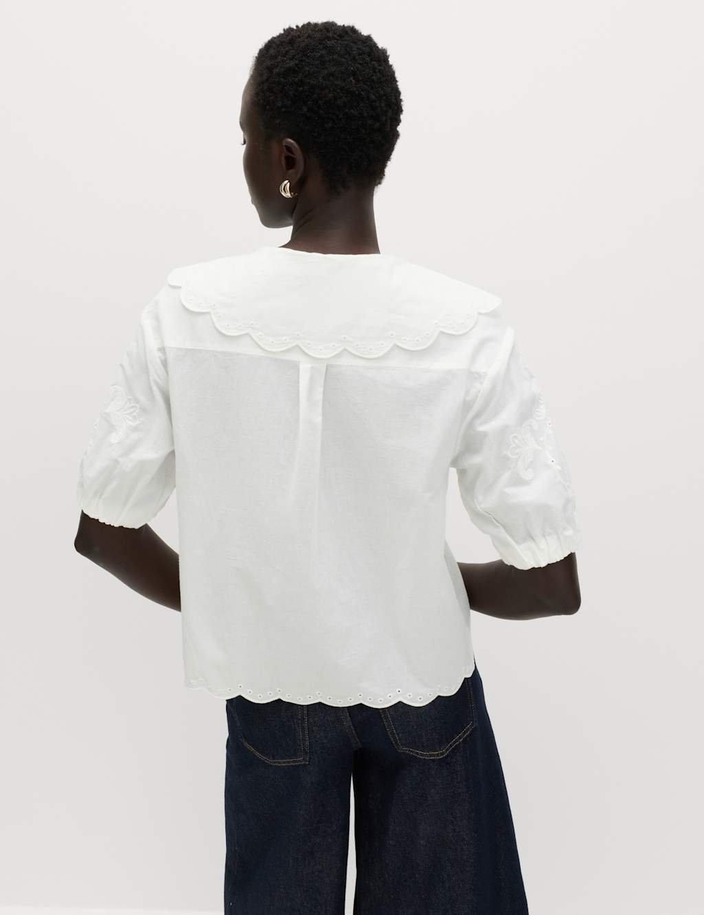 Marks & Spencer M&S Pure Cotton Embroidered Collared Blouse White Mix - 3