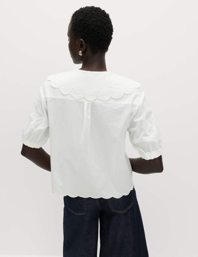 Marks & Spencer M&S Pure Cotton Embroidered Collared Blouse White Mix - 3
