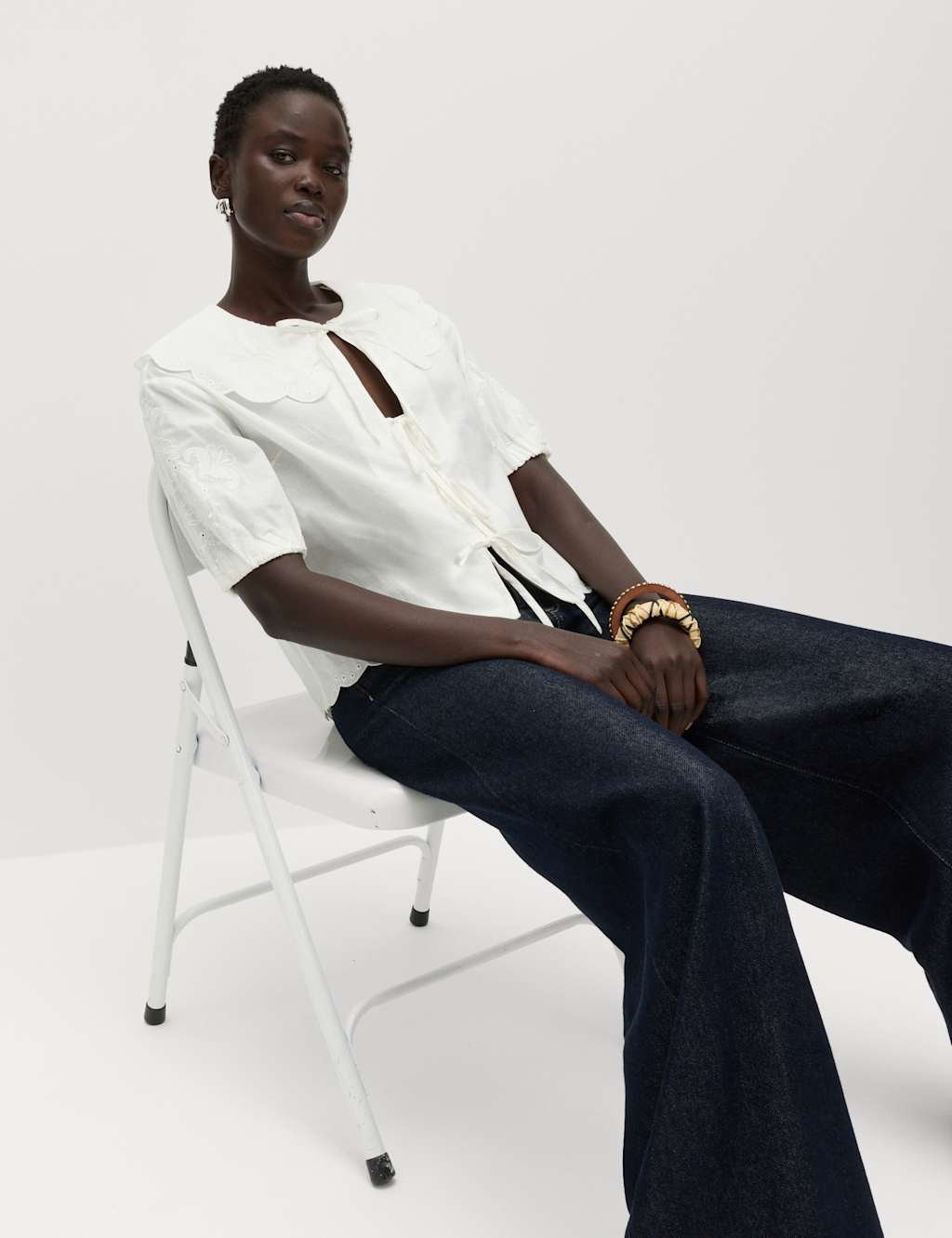 Marks & Spencer M&S Pure Cotton Embroidered Collared Blouse White Mix - 4