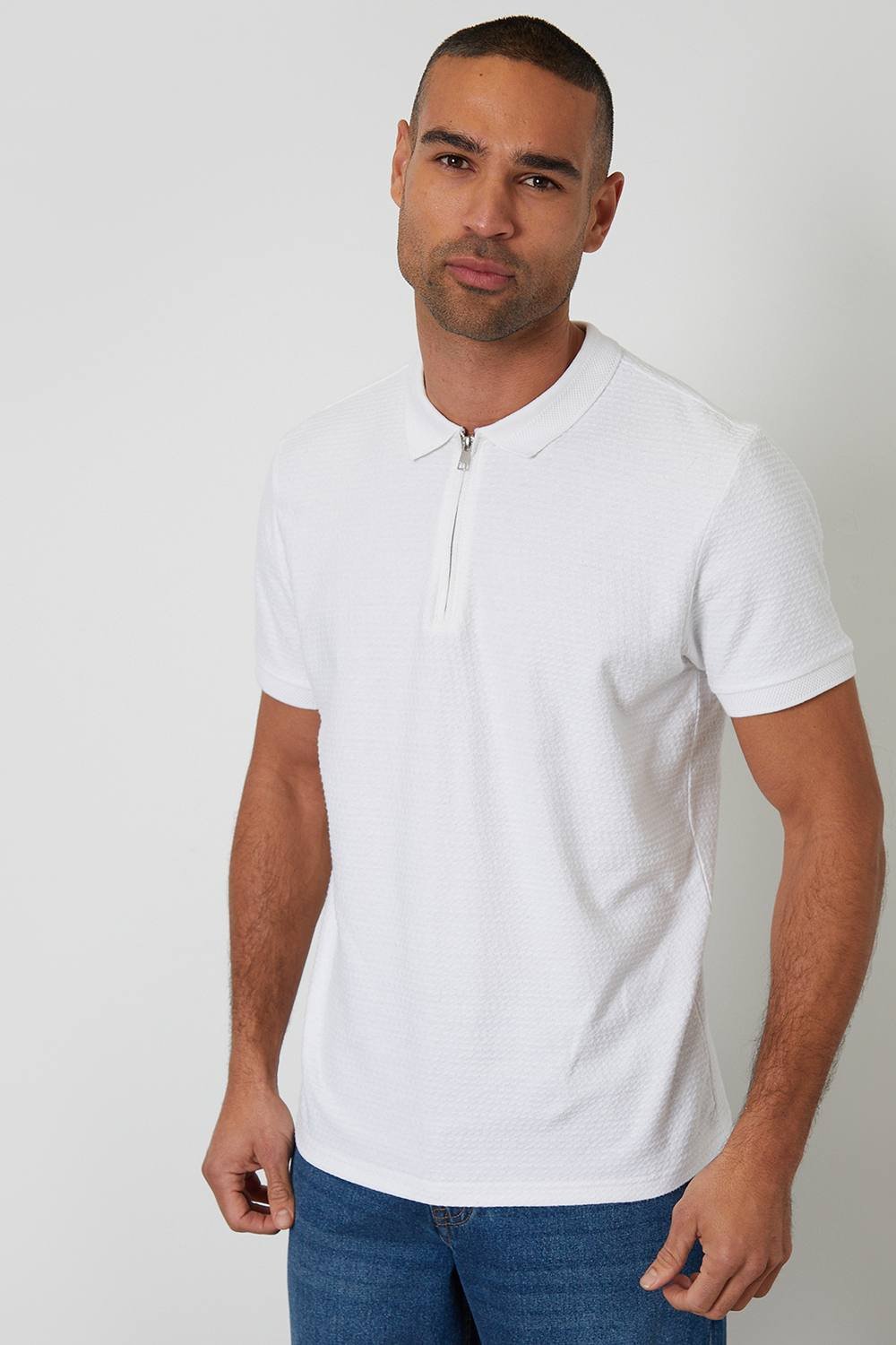 Threadbare Threadbare Men's Textured Cotton Quarter Zip Polo Shirt in White - 1