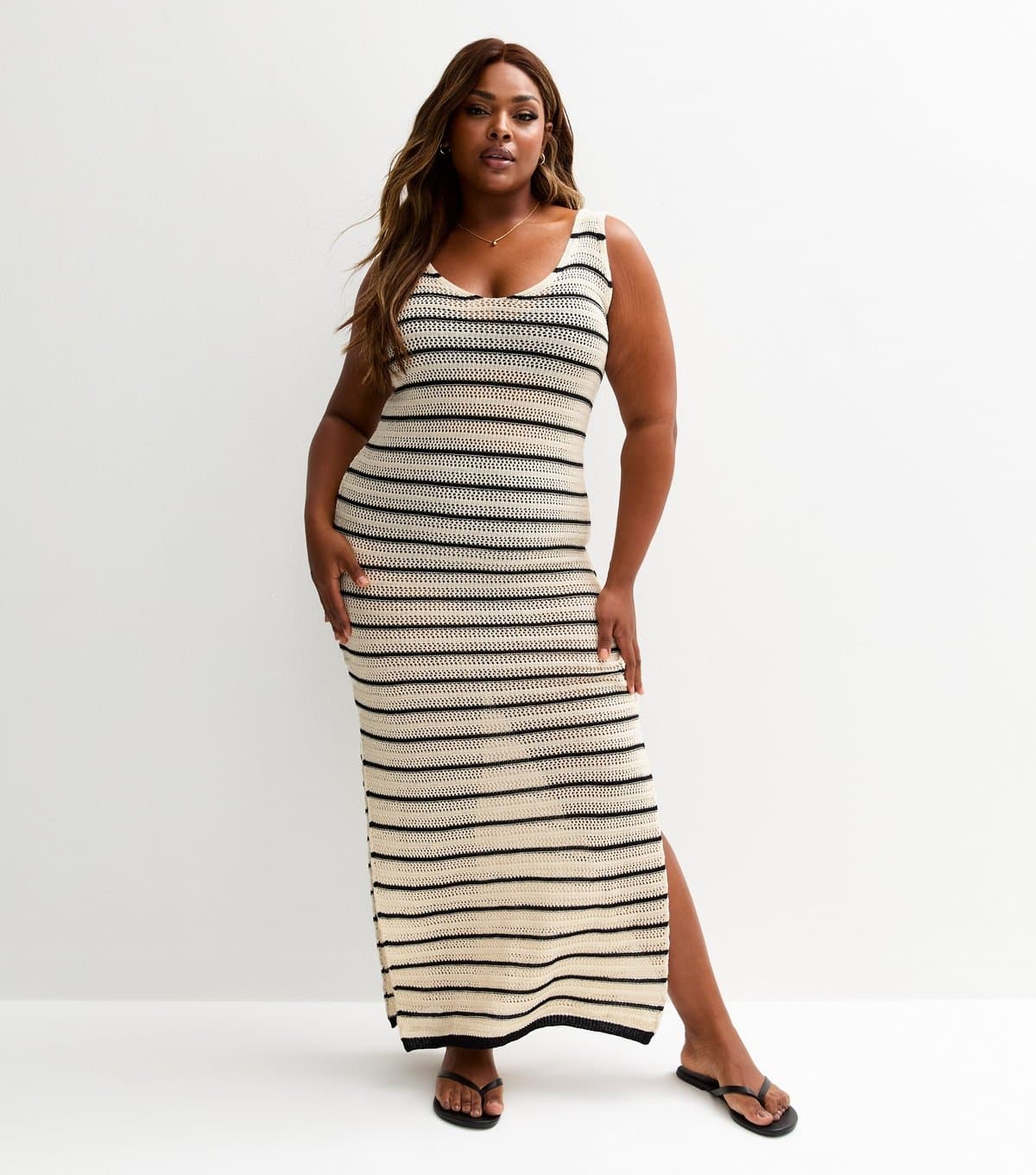 New Look Women's Black Crochet Stripe Cover Up Maxi Dress New Look