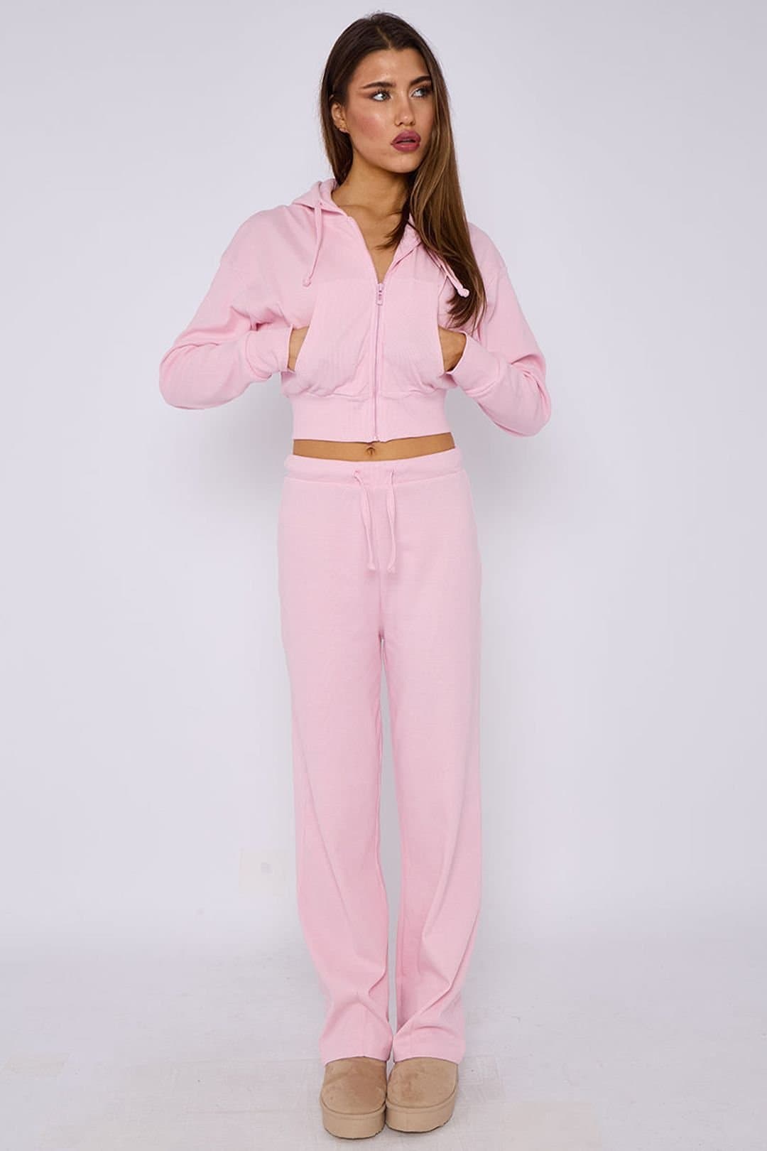 STYLEWISE STYLEWISE Women's Cropped Zip Hoodie & Flared Trouser Set - Interlock - Co-ord Set in Pink