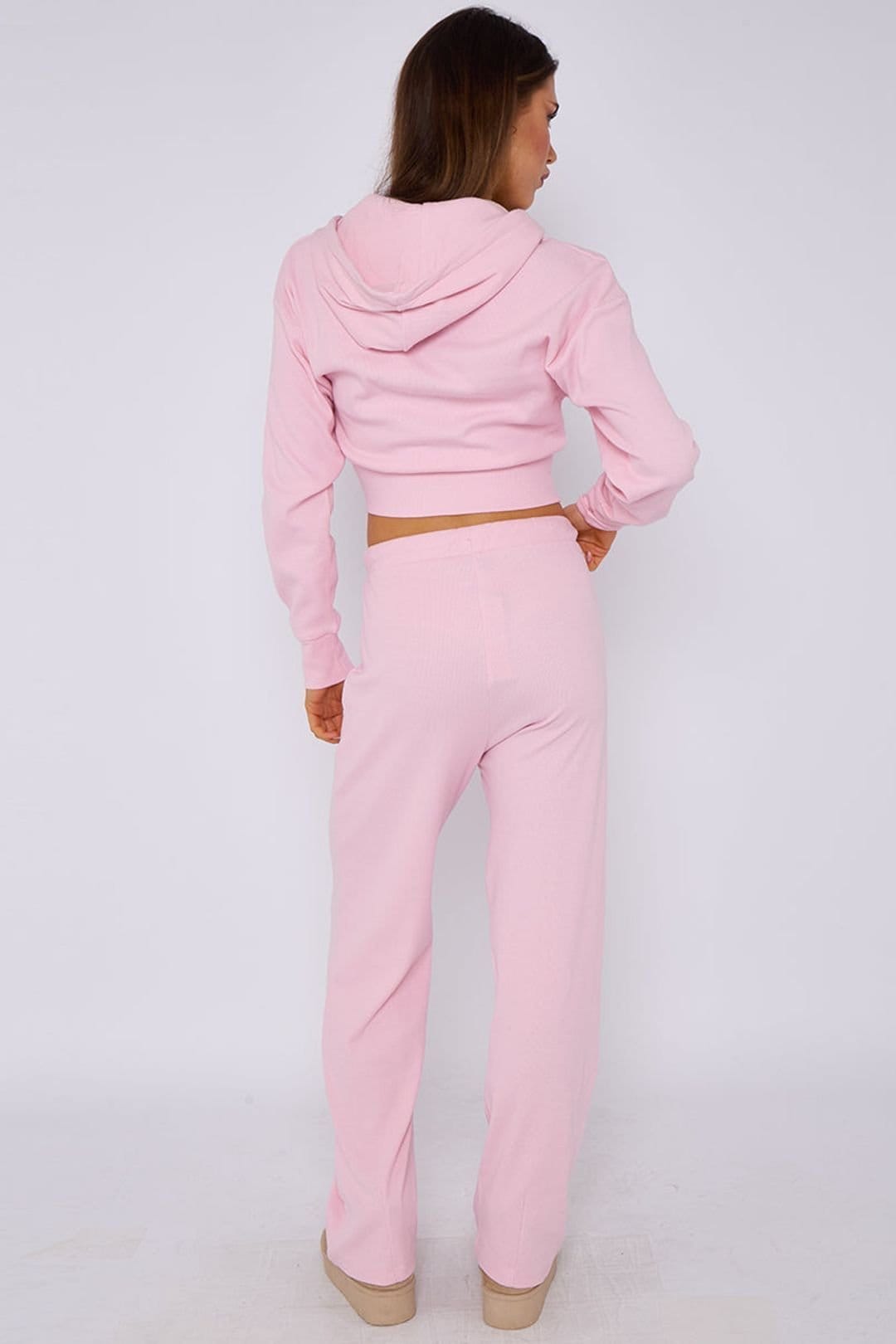 STYLEWISE STYLEWISE Women's Cropped Zip Hoodie & Flared Trouser Set - Interlock - Co-ord Set in Pink - 4