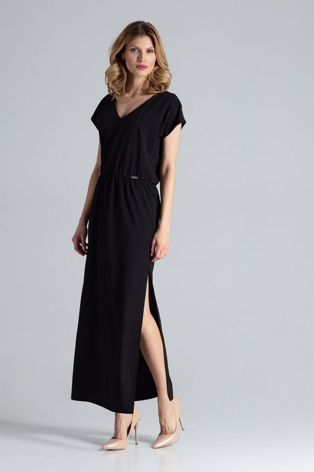 Love Lace Love Lace Women's V Neck Long Airy Dress with Elastic Waist in Black - 2