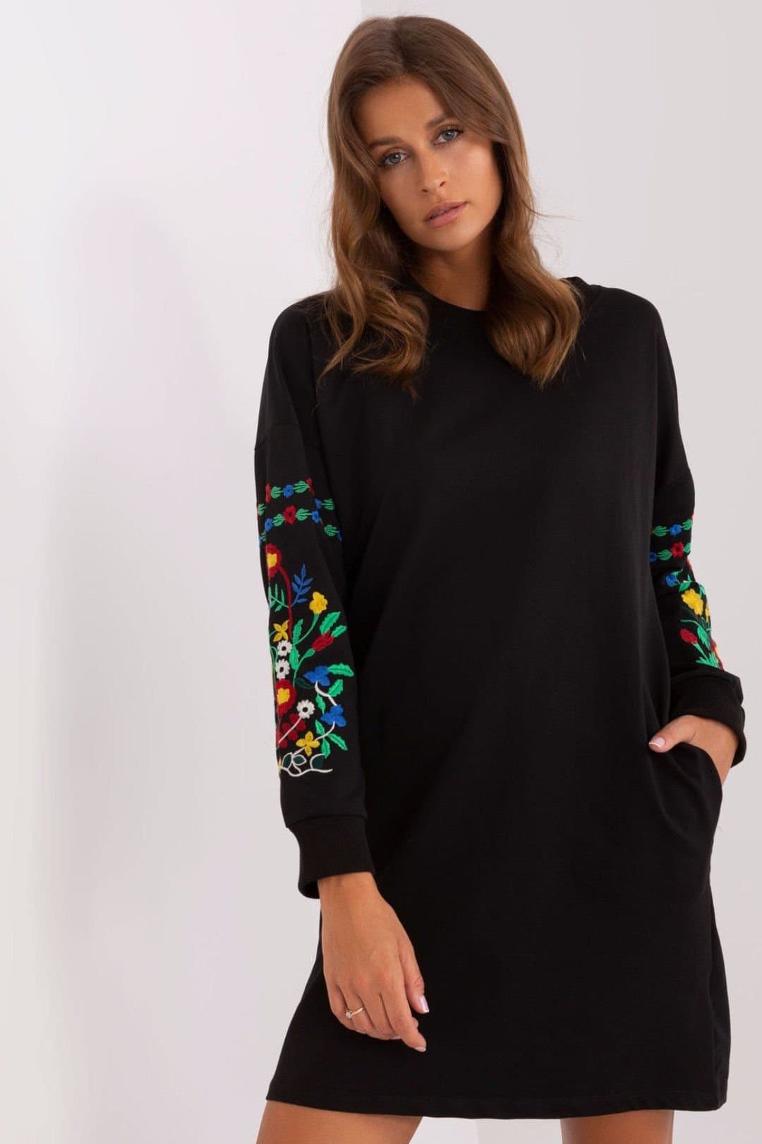 Love Lace Love Lace Women's Embroidered Round Neck Sweat Dress Pockets in Black