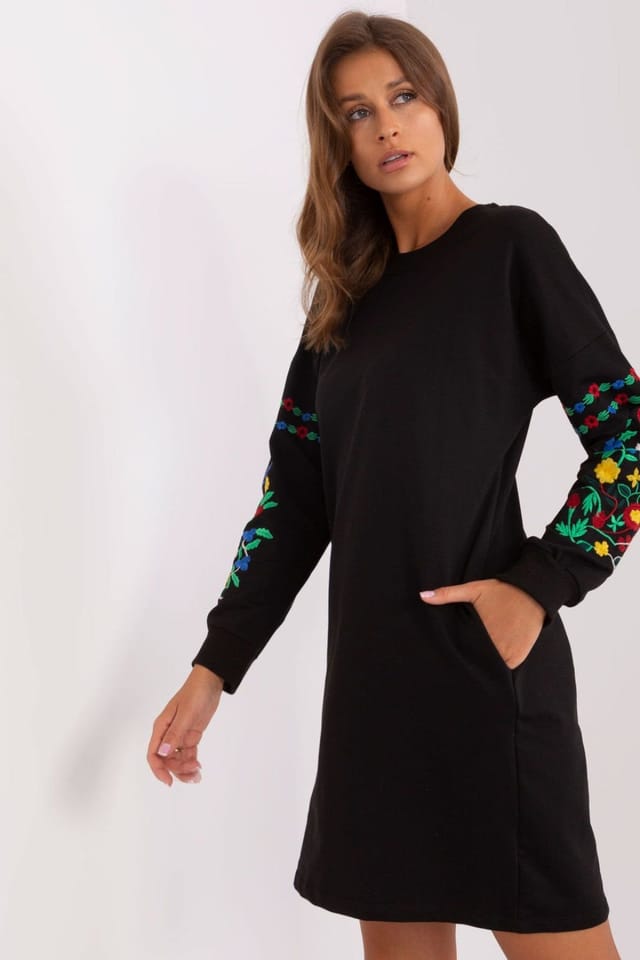 Love Lace Love Lace Women's Embroidered Round Neck Sweat Dress Pockets in Black - 3