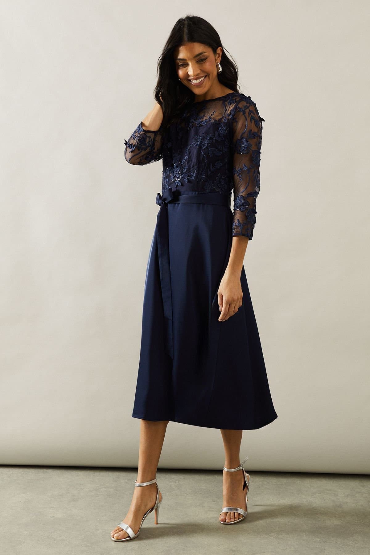 Wallis Wallis Women's Occasion Satin & Mesh Overlay Fit & Flare Dress in Navy