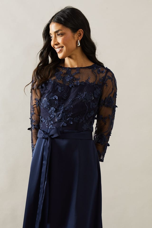 Wallis Wallis Women's Occasion Satin & Mesh Overlay Fit & Flare Dress in Navy - 2