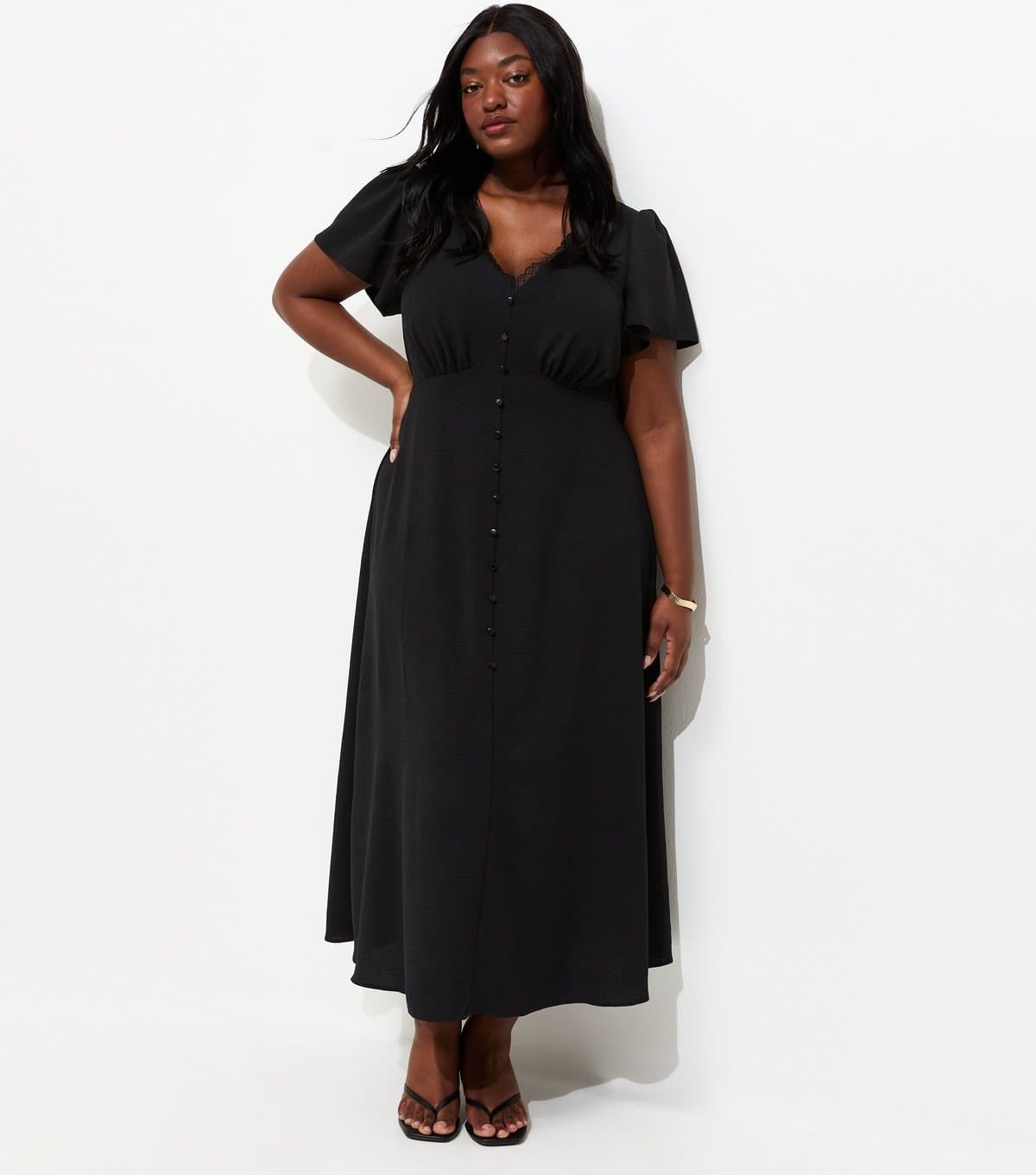 New Look Women's Plus Size Black Lace Trim Midi Tea Dress Curves New Look