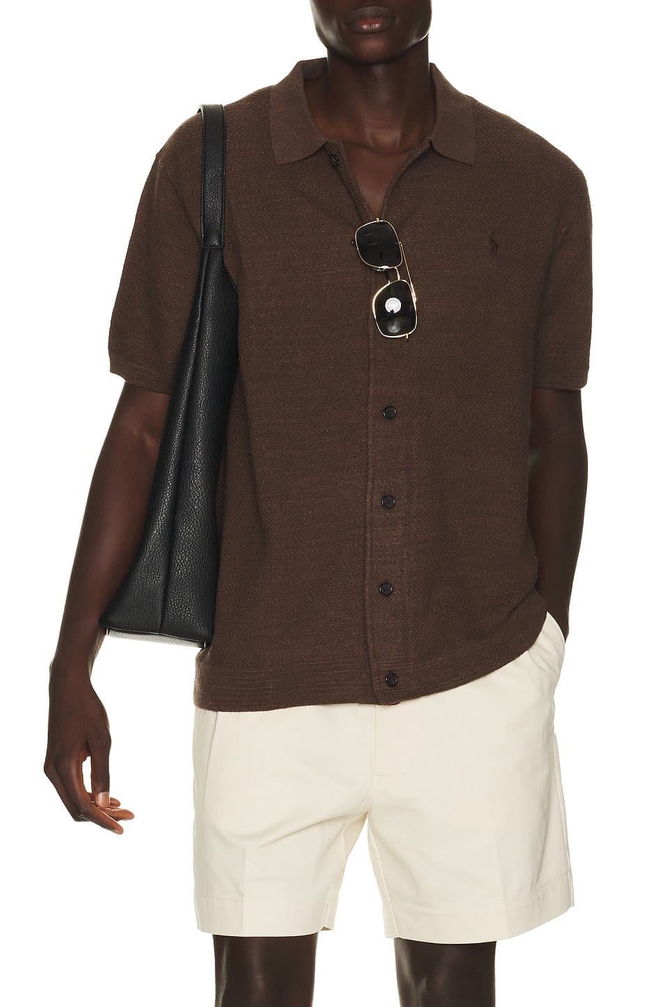 revolve Short Sleeve Cotton Blend Textured Cardigan Sweater With Collar