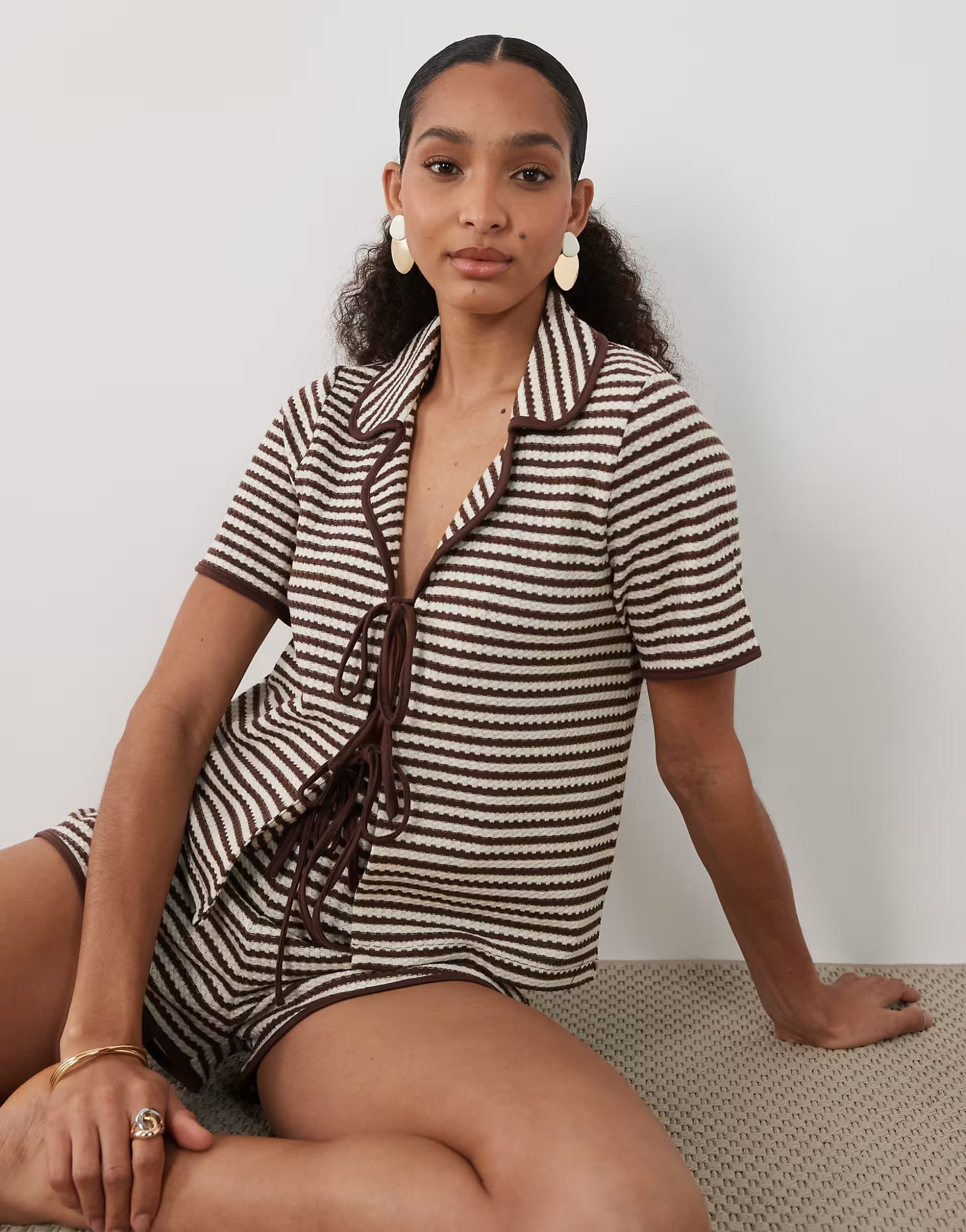 ASOS Brave Soul Co-ord crochet shorts and top in brown and cream stripe