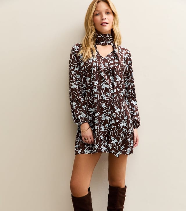 New Look Women's Brown Floral Satin Pussybow Mini Dress New Look - 2