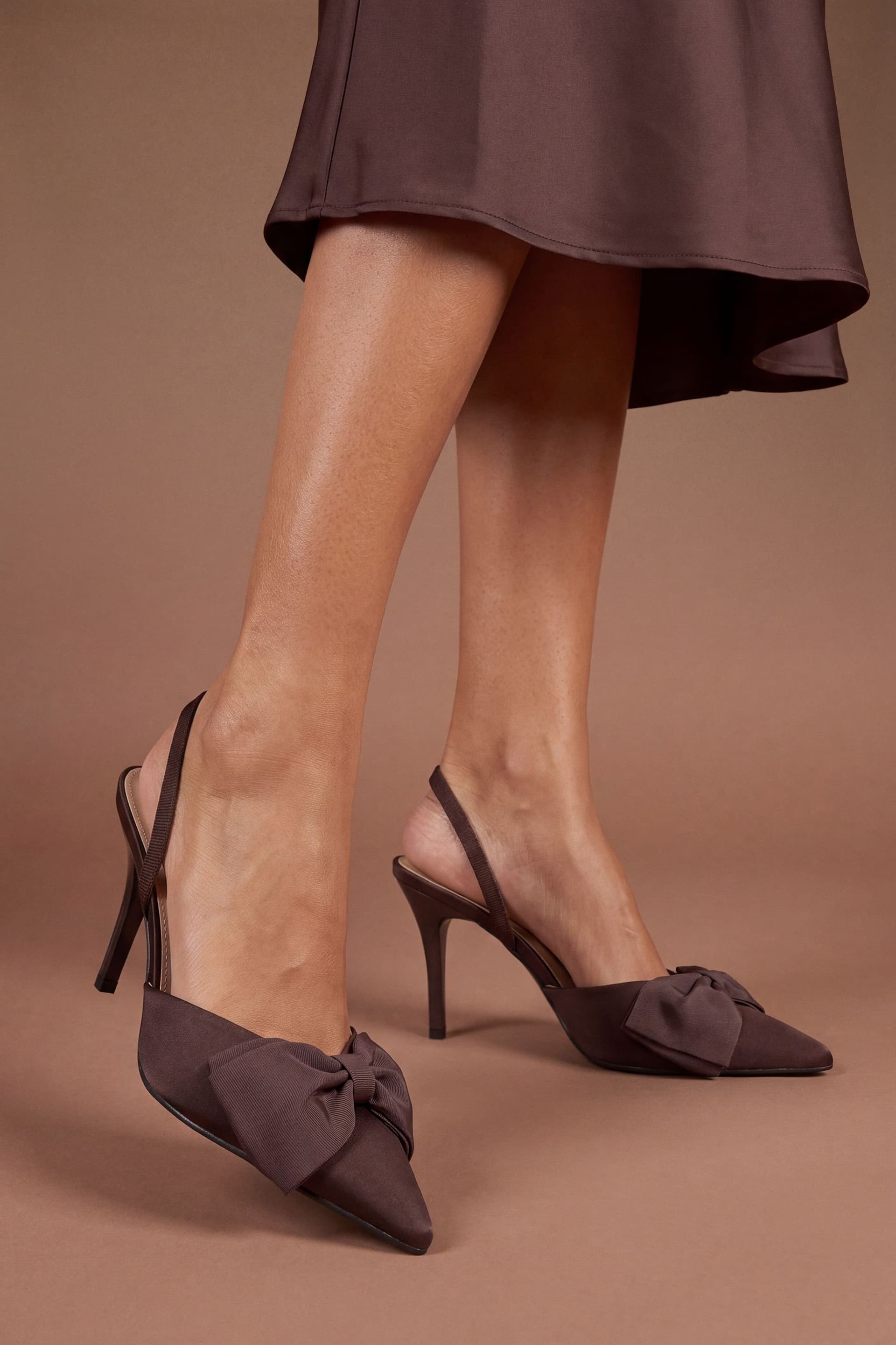 Coast Coast Women's Jasmin Satin Slingback High Stiletto Heel Bow Detail Court Shoe in Chocolate
