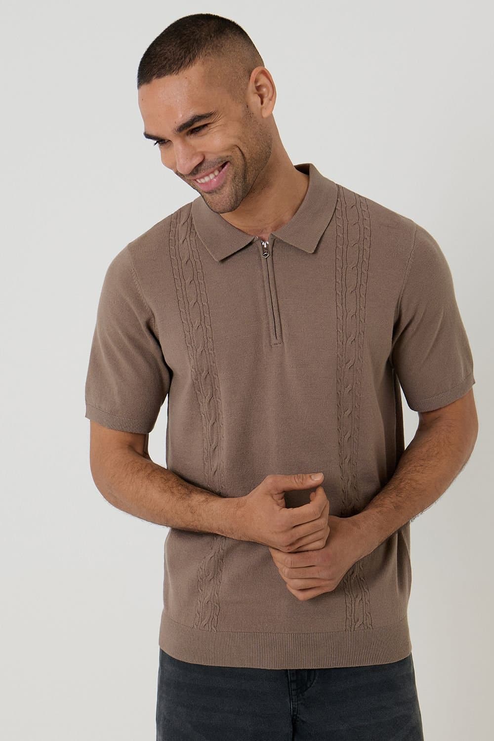 Threadbare threadbare Men's Cable Knit Quarter Zip Polo in Taupe