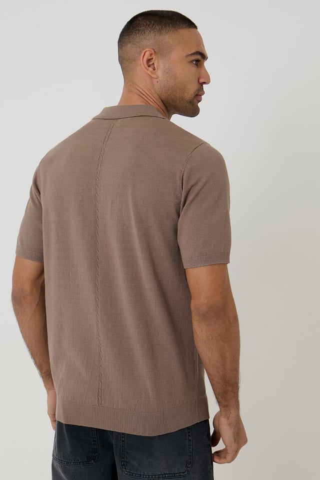 Threadbare threadbare Men's Cable Knit Quarter Zip Polo in Taupe - 2