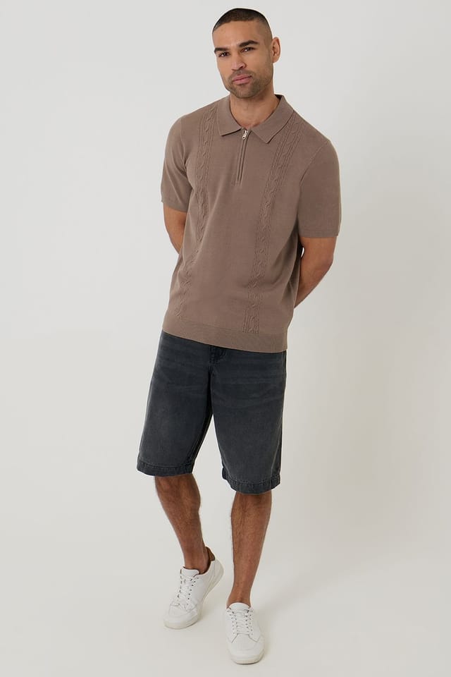 Threadbare threadbare Men's Cable Knit Quarter Zip Polo in Taupe - 3