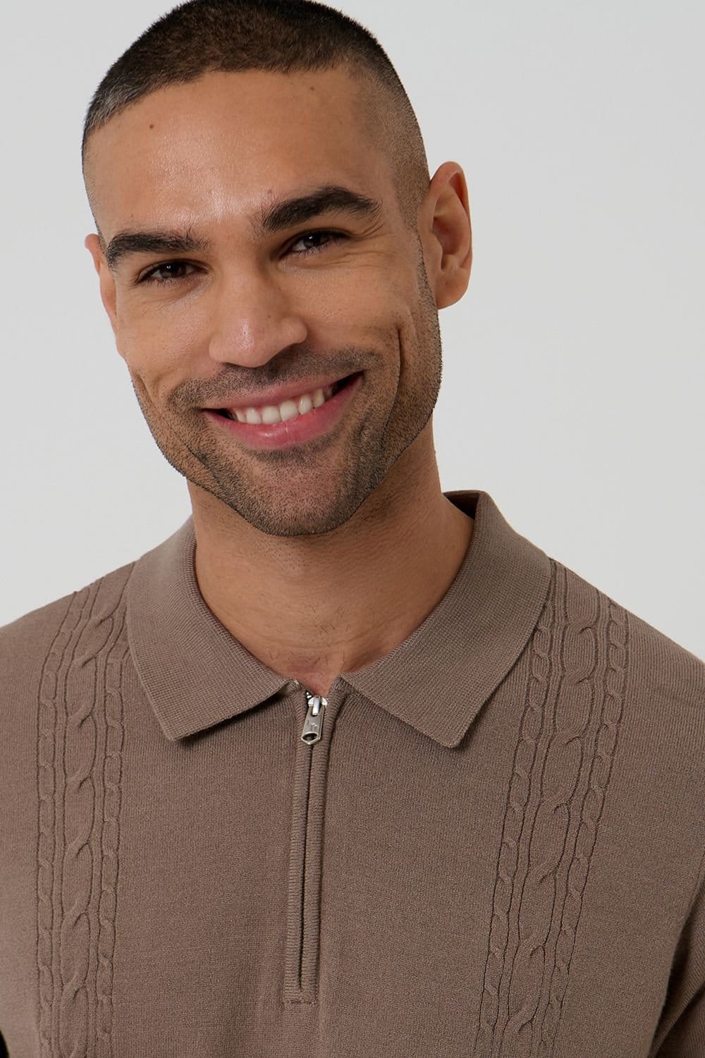 Threadbare threadbare Men's Cable Knit Quarter Zip Polo in Taupe - 4