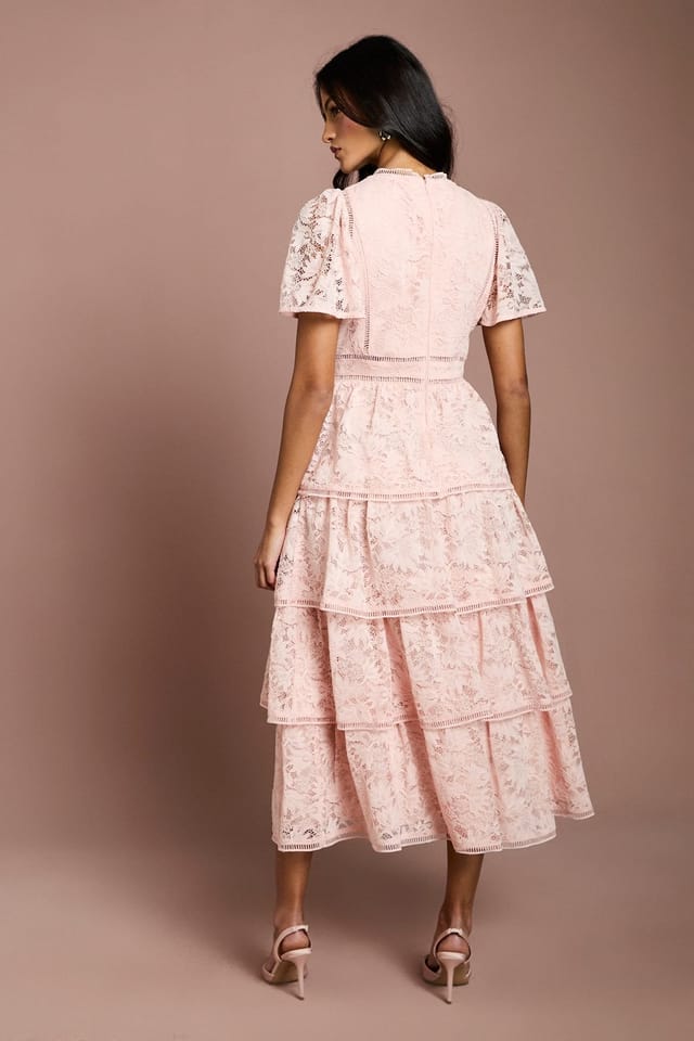 Coast Coast Women's Petite Tiered Lace Dress With Flutter Sleeve & Trims in Blush - 3