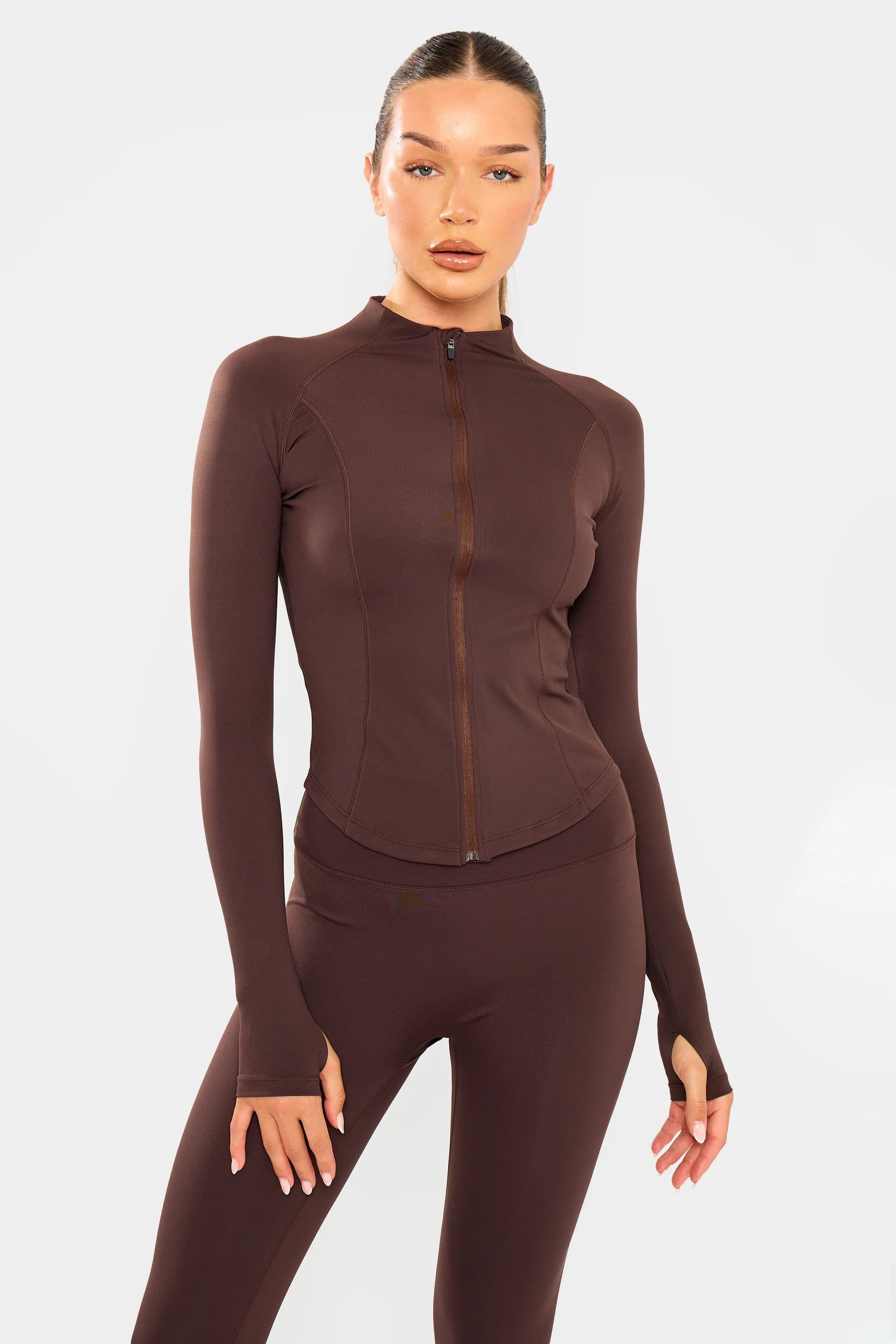 Kaiia Kaiia Sculpt Long Sleeve Zip Through Fitted Jacket Brown - 4