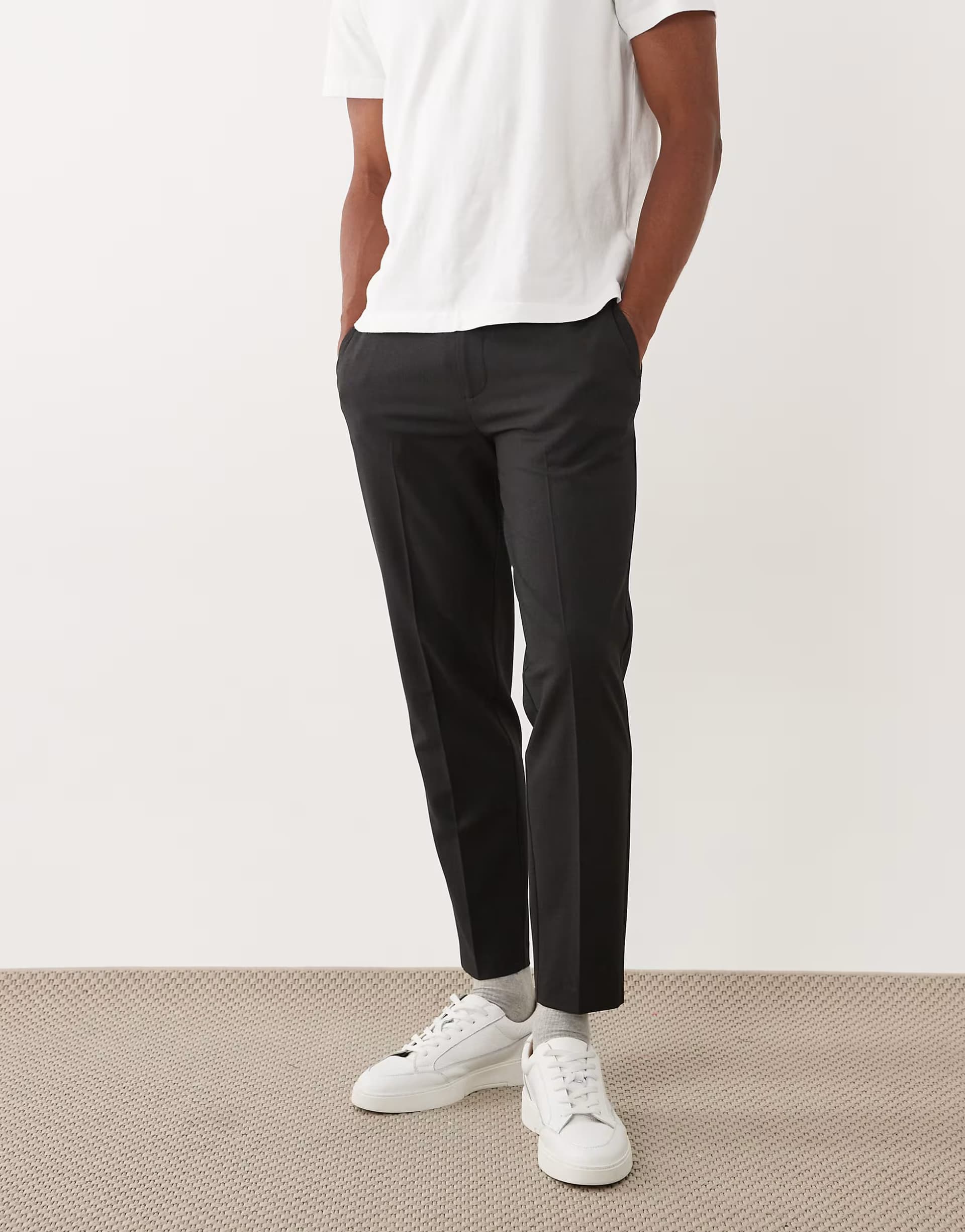 ASOS ASOS DESIGN tailored comfort stretch tapered trousers in charcoal with elasticated waist