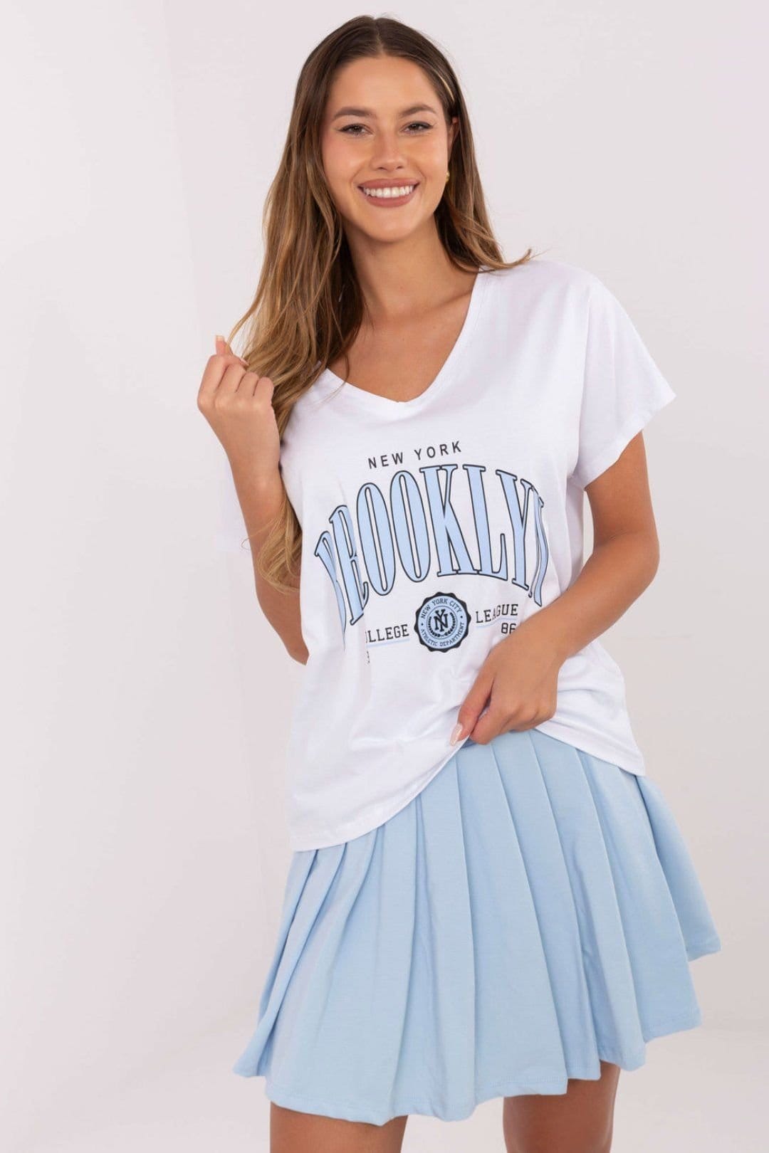 Love Lace White Cotton V-Neck T-Shirt and Pleated Mini Skirt Set