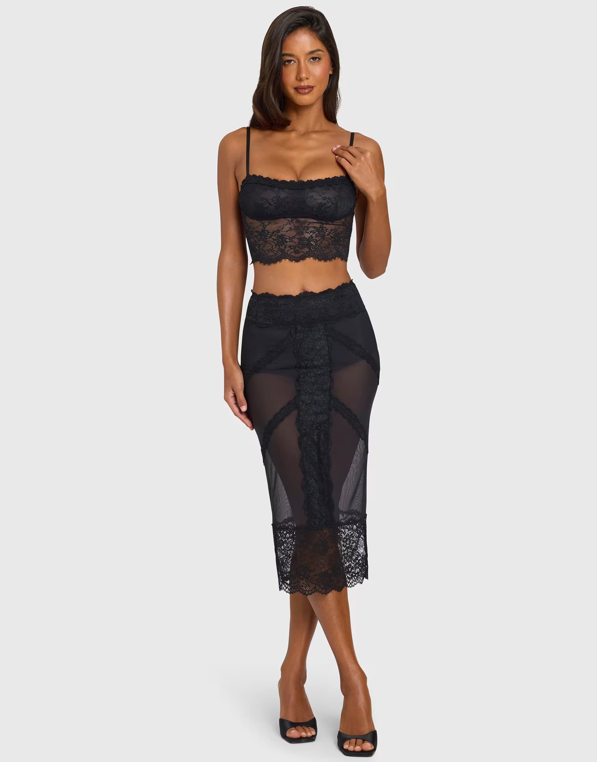 ASOS Oh Polly sheer lace high waist midi skirt in black