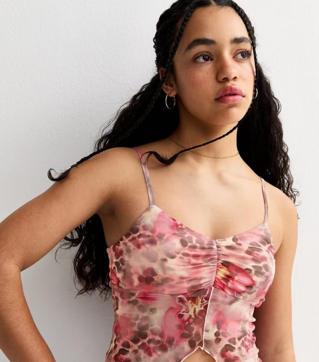 New Look Girls' Brown Leopard Floral Print Mesh Split Hem Cami Top New Look - 2