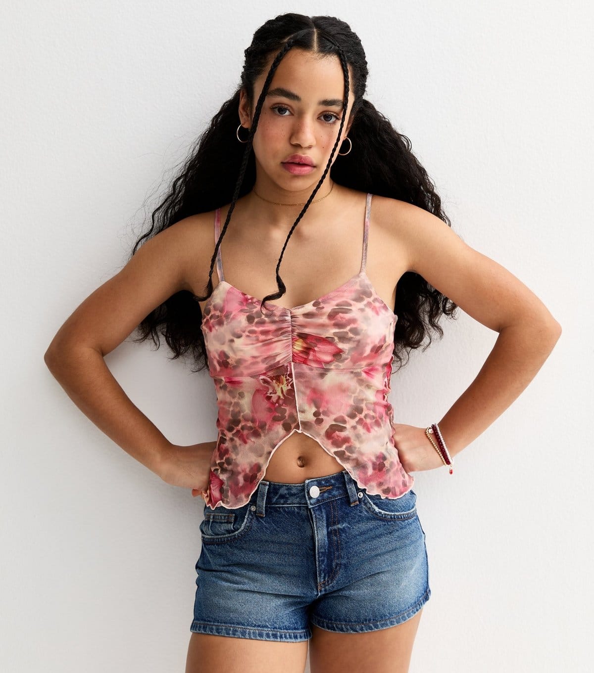 New Look Girls' Brown Leopard Floral Print Mesh Split Hem Cami Top New Look - 4