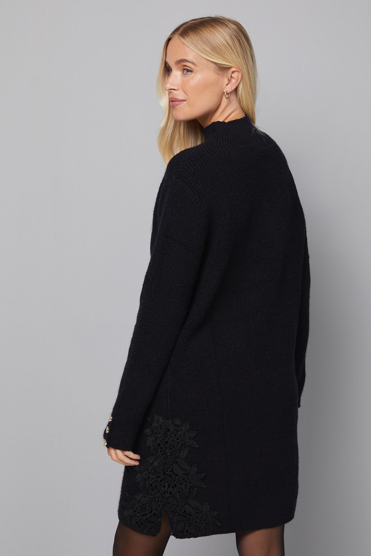 Wallis Wallis Women's Petite Lace Detail Ribbed Knitted Dress in Black - 4