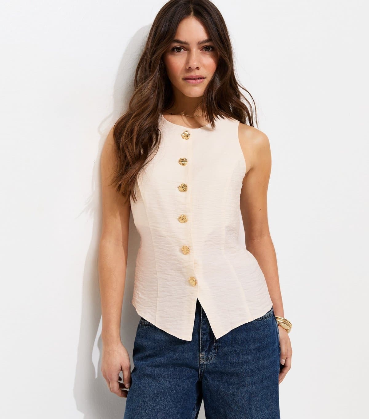 New Look Women's Petite White Textured Button Waistcoat New Look