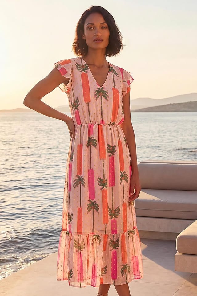 Dusk Dusk Women's Palm Shimmer Frill Maxi Dress in Light Pink - 2