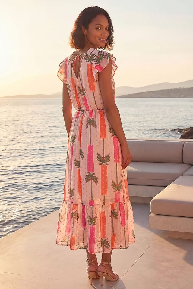 Dusk Dusk Women's Palm Shimmer Frill Maxi Dress in Light Pink - 3