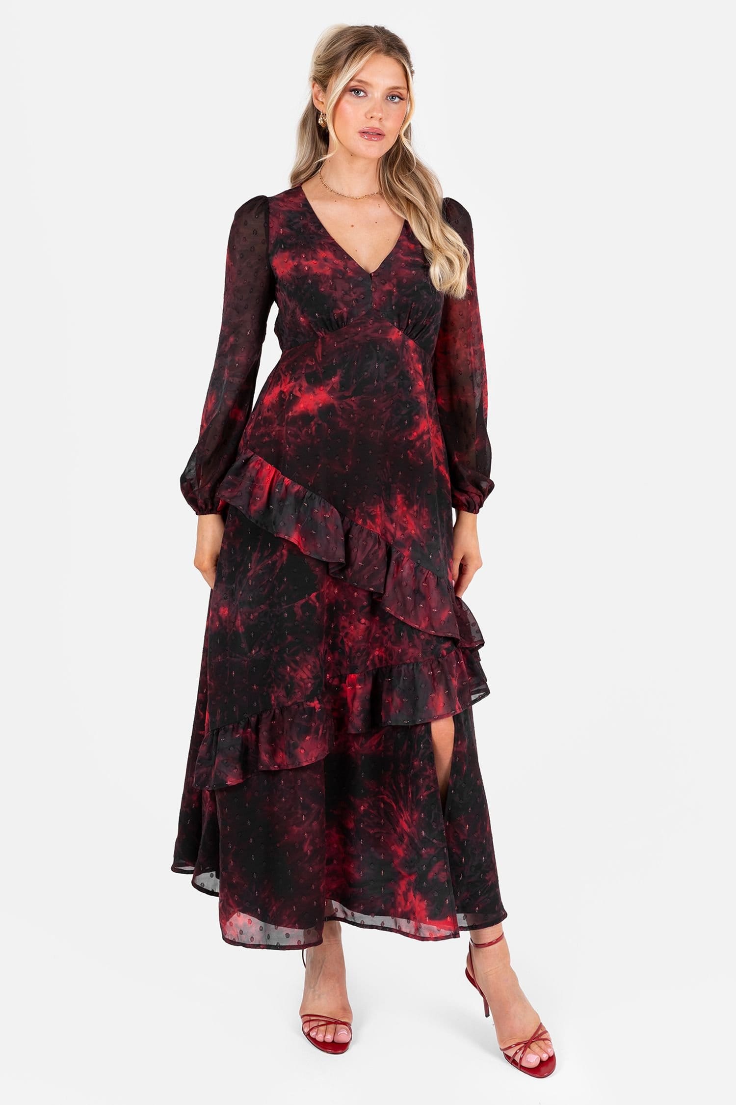 Lovedrobe Red Abstract V-Neck Blouson Sleeve Ruffle Midaxi Dress