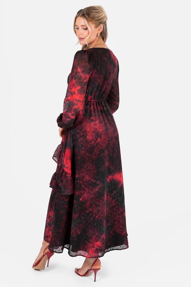 Lovedrobe Lovedrobe Women's V Neck Blouson Sleeve Ruffle Midaxi Dress in Red - 2