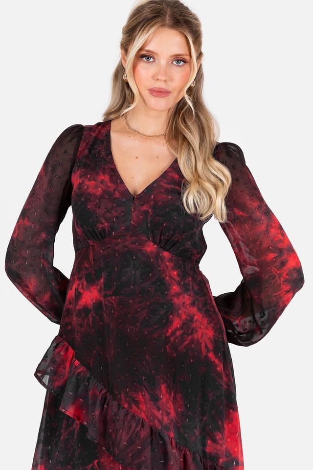 Lovedrobe Lovedrobe Women's V Neck Blouson Sleeve Ruffle Midaxi Dress in Red - 3