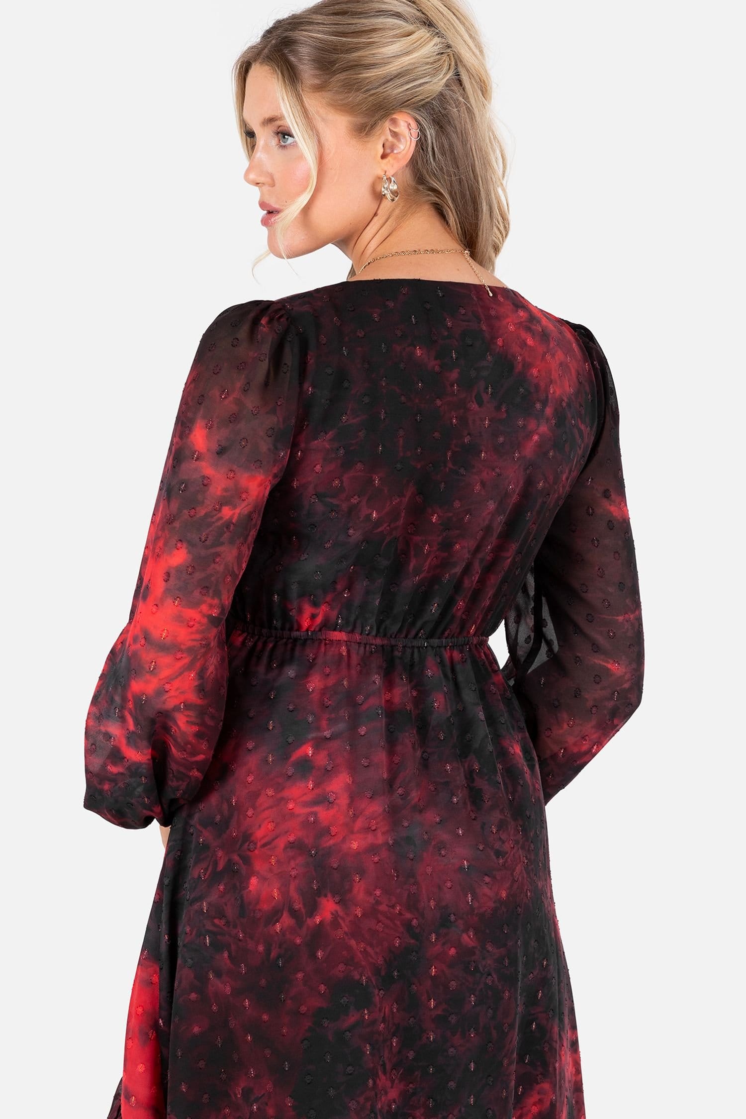 Lovedrobe Lovedrobe Women's V Neck Blouson Sleeve Ruffle Midaxi Dress in Red - 4