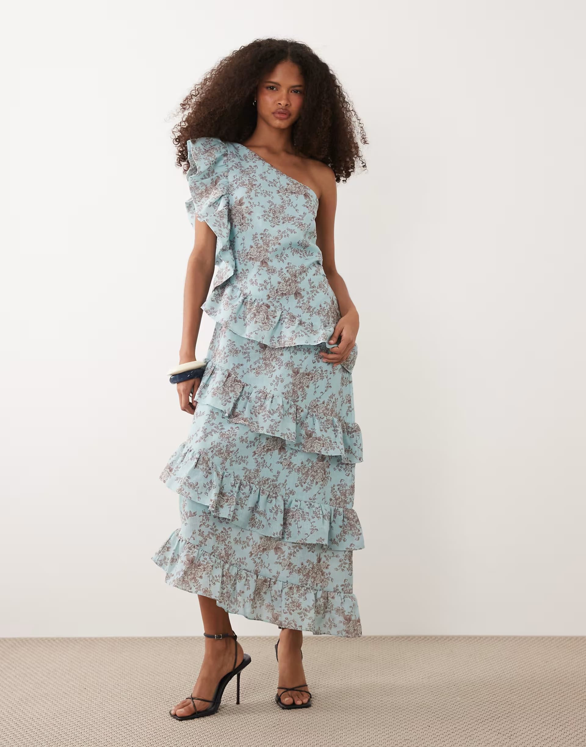 ASOS Pretty Lavish fleur linen mix tiered one shoulder midaxi dress in blue floral