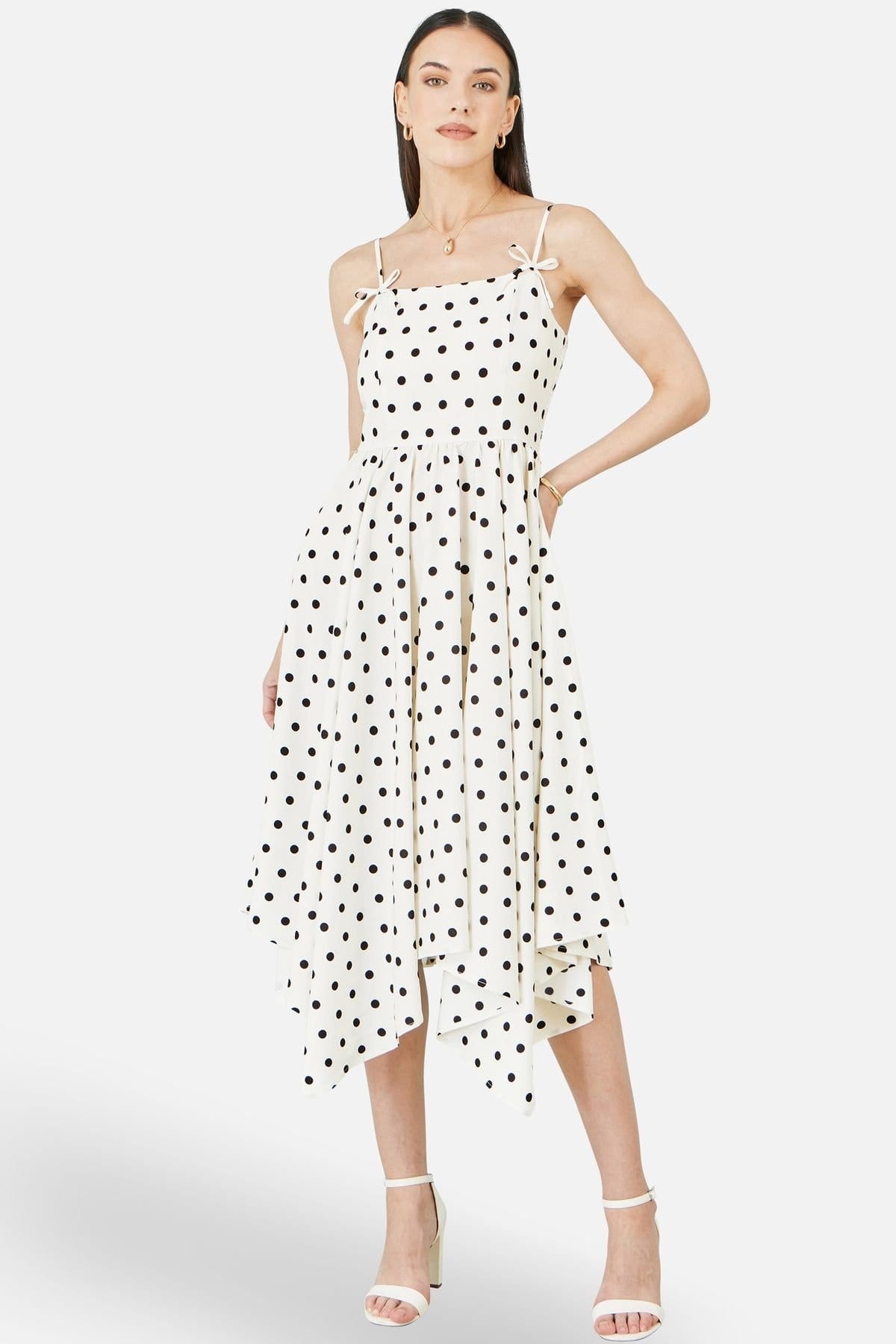 Yumi White Polka Dot Hankerchief Hem Midi Dress