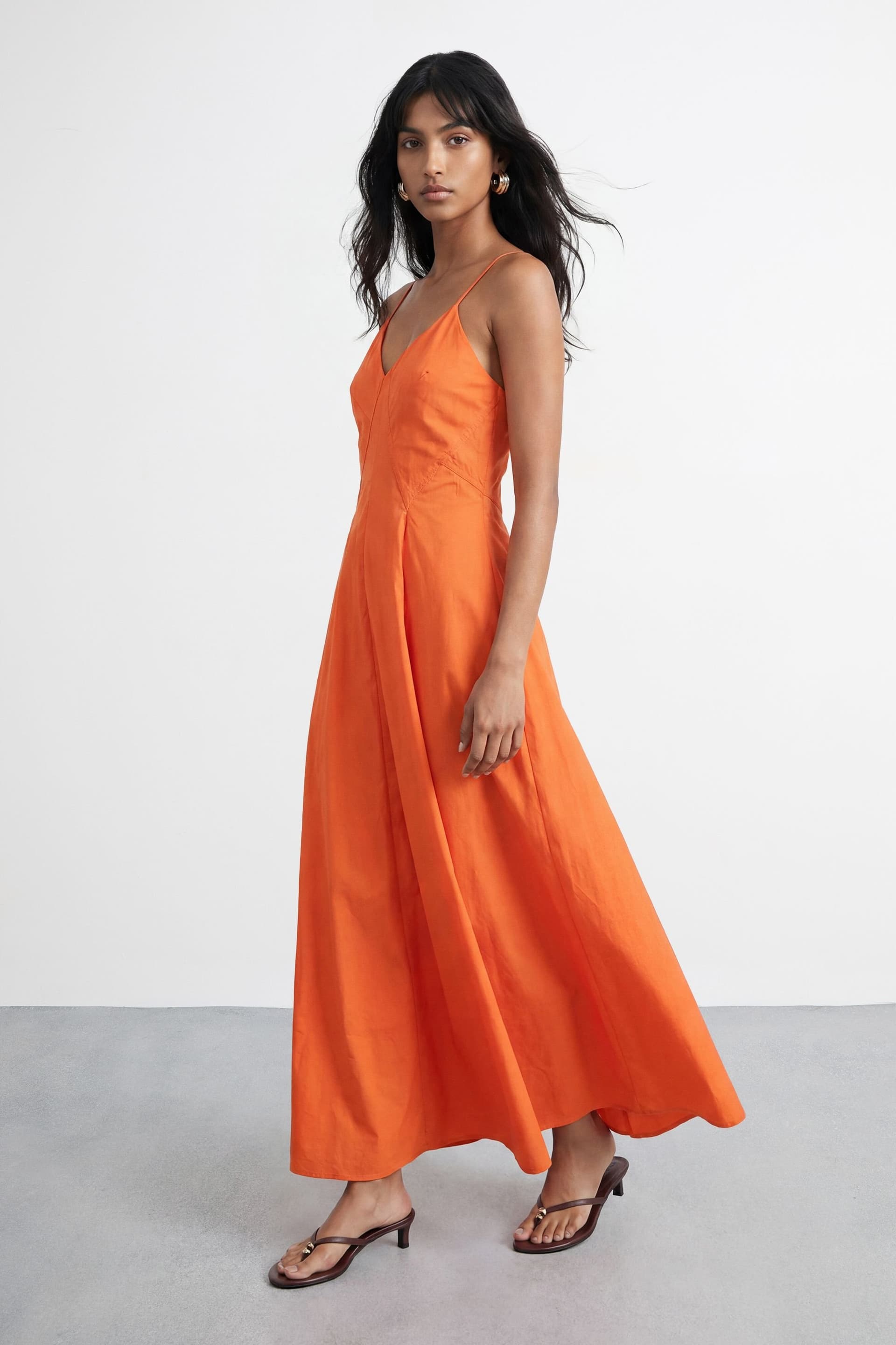 Warehouse Warehouse Women's Seam Detail Strappy Full Skirt Midi Dress in Orange