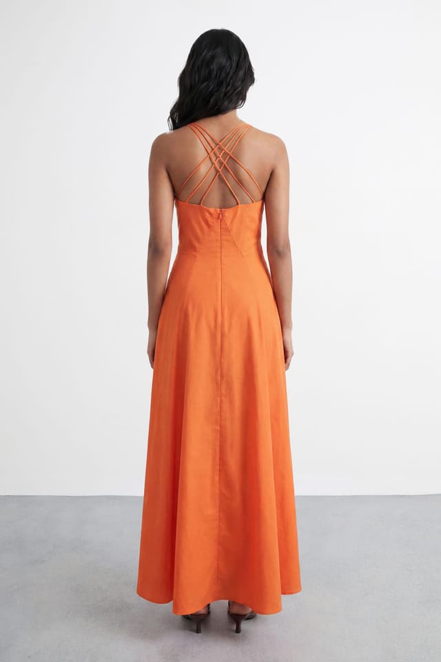 Warehouse Warehouse Women's Seam Detail Strappy Full Skirt Midi Dress in Orange - 3