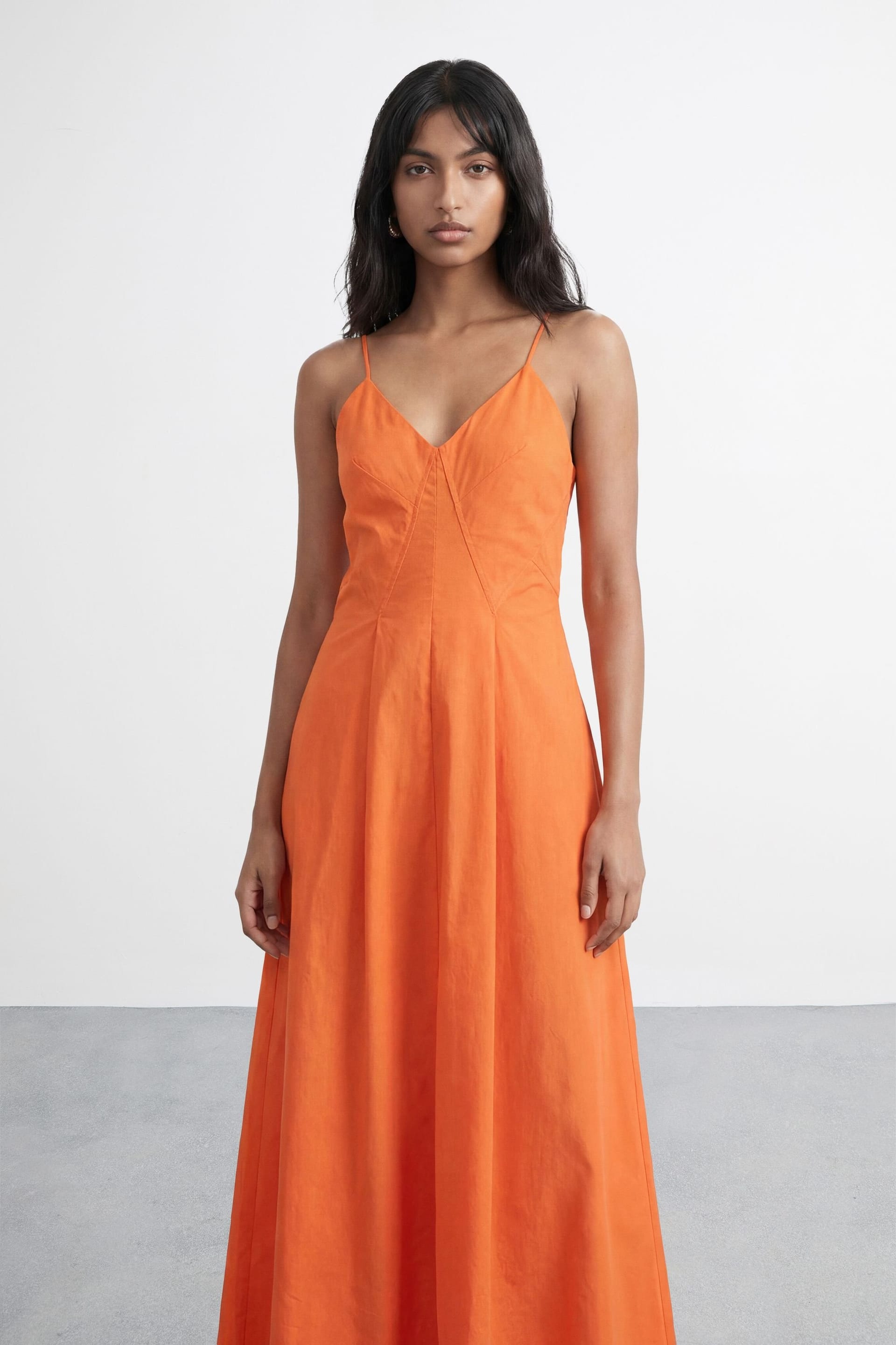 Warehouse Warehouse Women's Seam Detail Strappy Full Skirt Midi Dress in Orange - 4