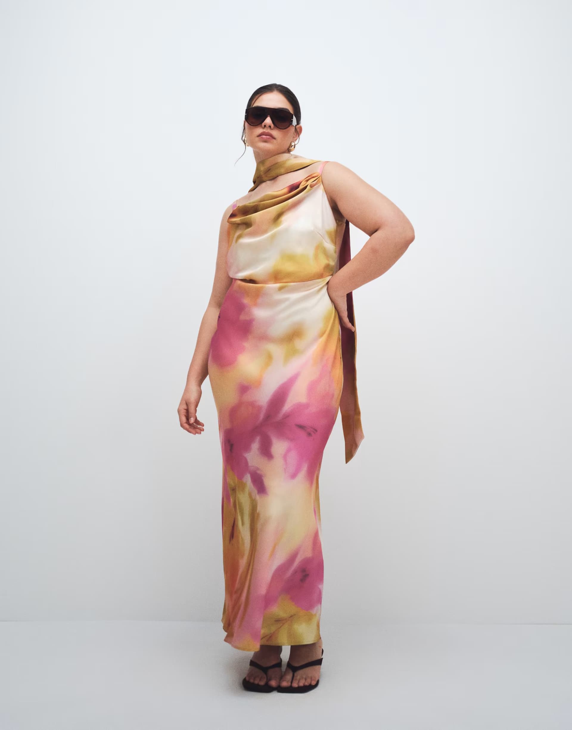 ASOS Pretty Lavish Curve keisha scarf cowl neck satin cami maxi dress in pink watercolour floral