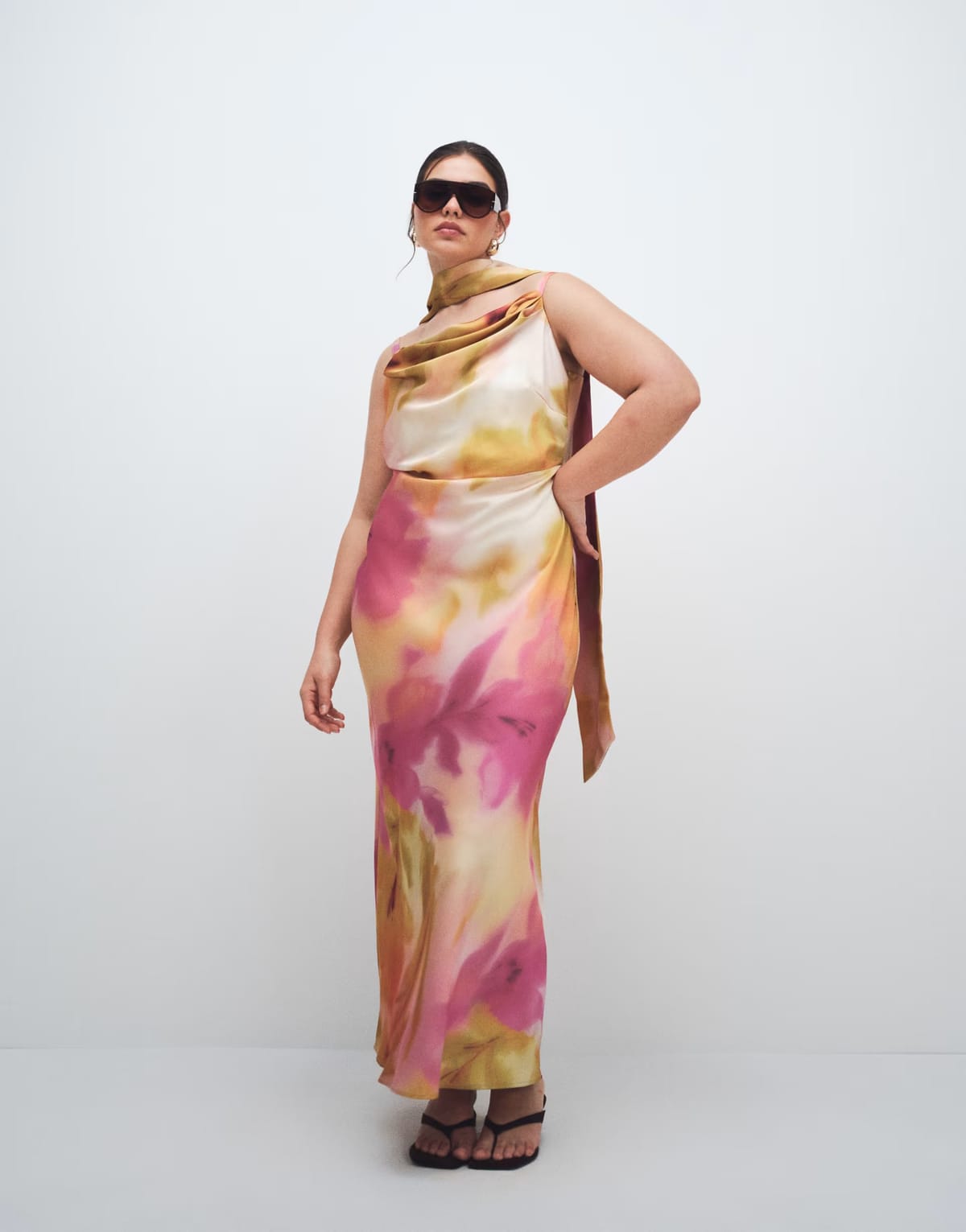 ASOS Pretty Lavish Curve keisha scarf cowl neck satin cami maxi dress in pink watercolour floral - 1